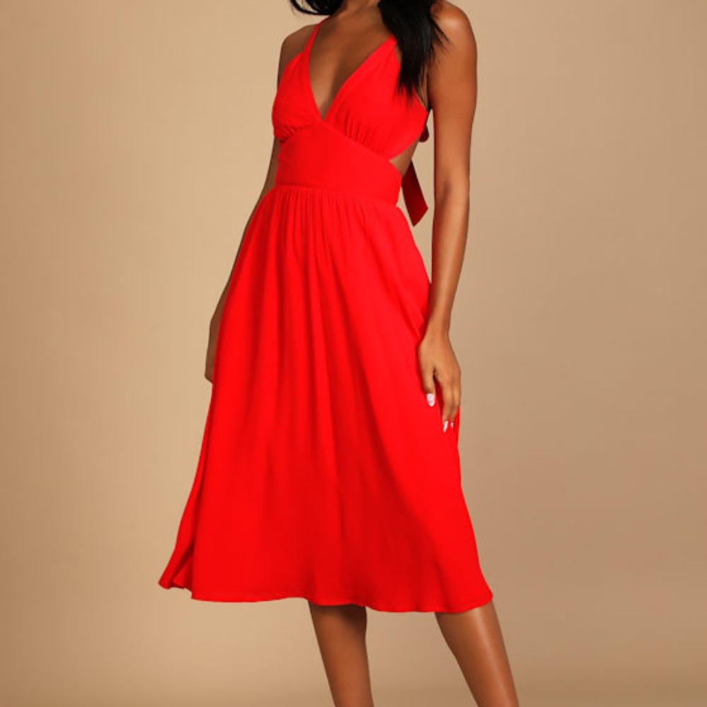 Lulus Bold New Look Bright Red Tie-back Midi Dress With Pockets - Size S